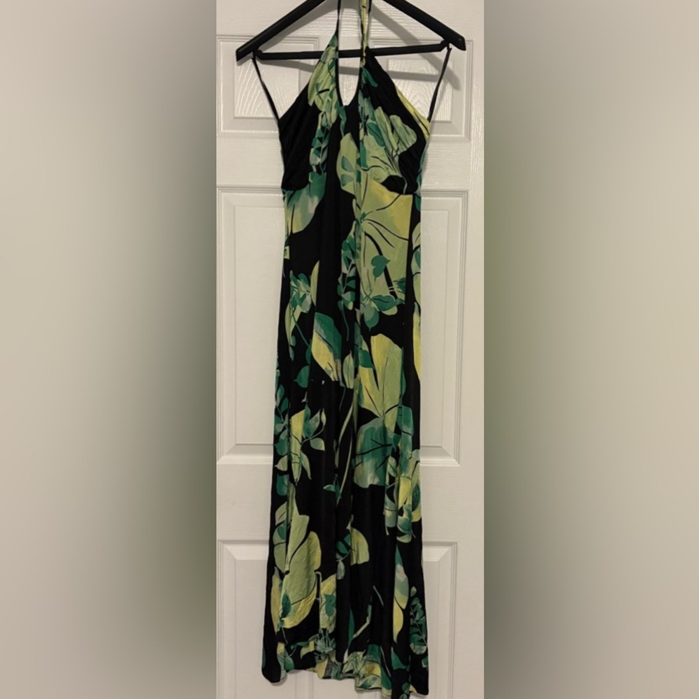 White House Black Market Black Green and Yellow Halter Maxi Dress